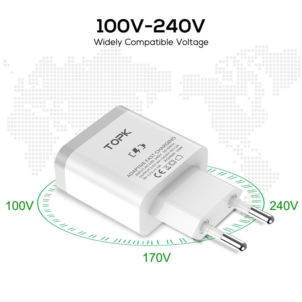 TOPK 18W Quick Charge 3.0 Fast Mobile Phone Charger  Adapter for iPhone Samsung Xiaomi Huawei